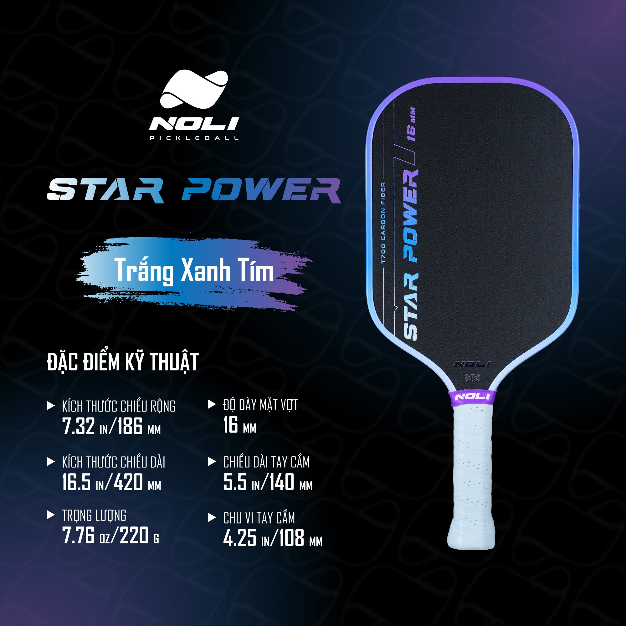 NOLI Star Power Pickleball Paddle 16mm – NFC Chip, T700 Carbon